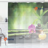 ABAKUHAUS Spa Shower Curtain Green Purple Red Themed Orchid Petal Leaves Stones