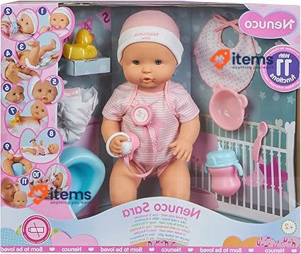 Nenuco Sara - Soft Baby Doll with 11 Real Life Functions 9 Baby Accessories,