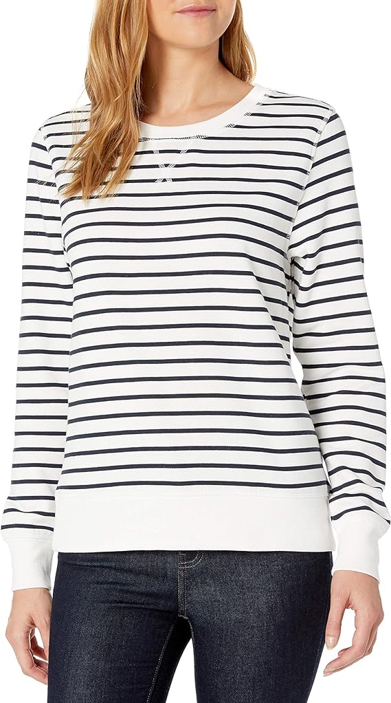 Amazon Essentials Women's French Terry Sweatshirt White Horizontal Stripes S