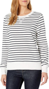 Amazon Essentials Women's French Terry Sweatshirt White Horizontal Stripes S