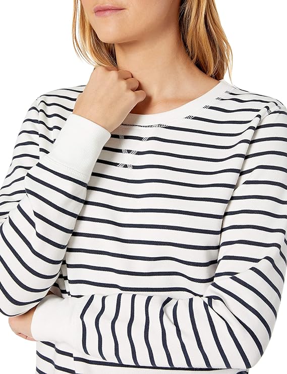 Amazon Essentials Women's French Terry Sweatshirt White Horizontal Stripes S