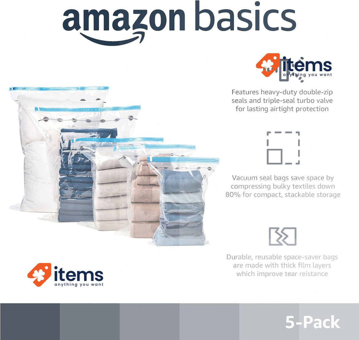 Amazon Basics Vacuum Compression Zipper Storage Bags with Pump, Medium, 5-Pack
