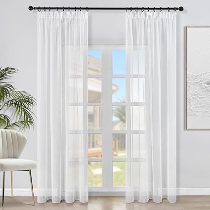 Topfinel Faux Linen Semi Voile Pencil Pleat Curtains Plain Window White