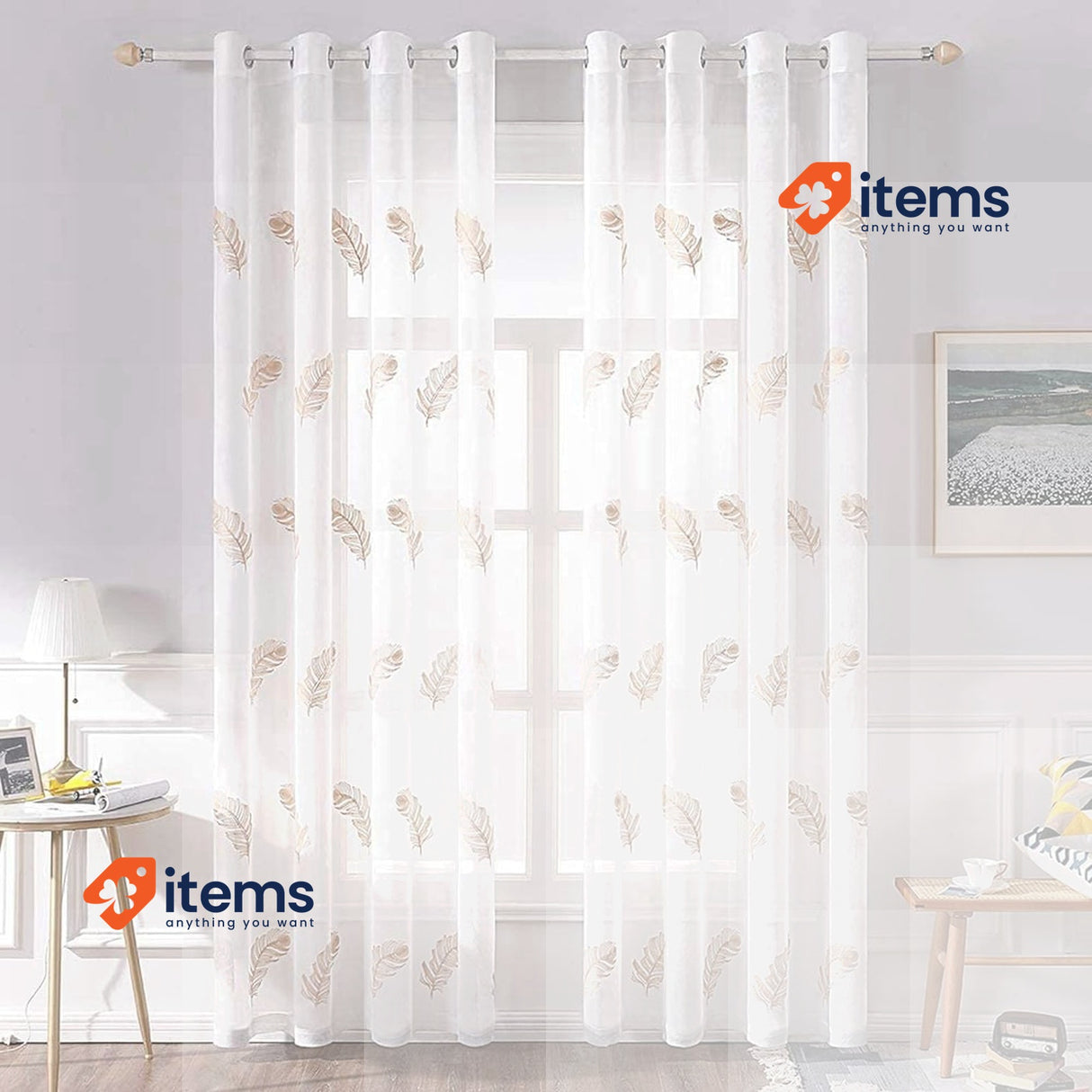 MIULEE Embroidered Curtain White Brown Panels Sheer Window Feather Design 2 Room