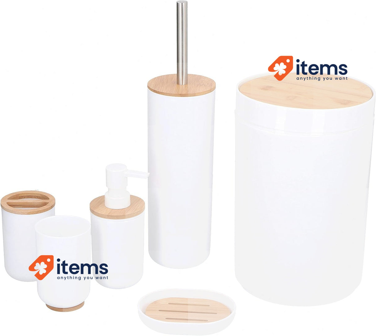 alpina Bathroom Set in Bamboo Wood and Plastic White w/ Toilet Brush Holder 6