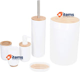 alpina Bathroom Set in Bamboo Wood and Plastic White w/ Toilet Brush Holder 6