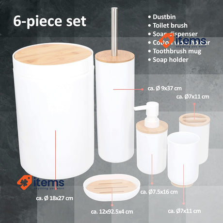 alpina Bathroom Set in Bamboo Wood and Plastic White w/ Toilet Brush Holder 6