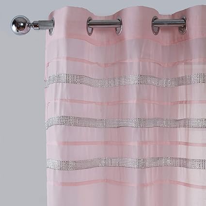 Sienna Latina Pair of 2 x Diamante Glitzy Voile Net Curtains Blush Pink