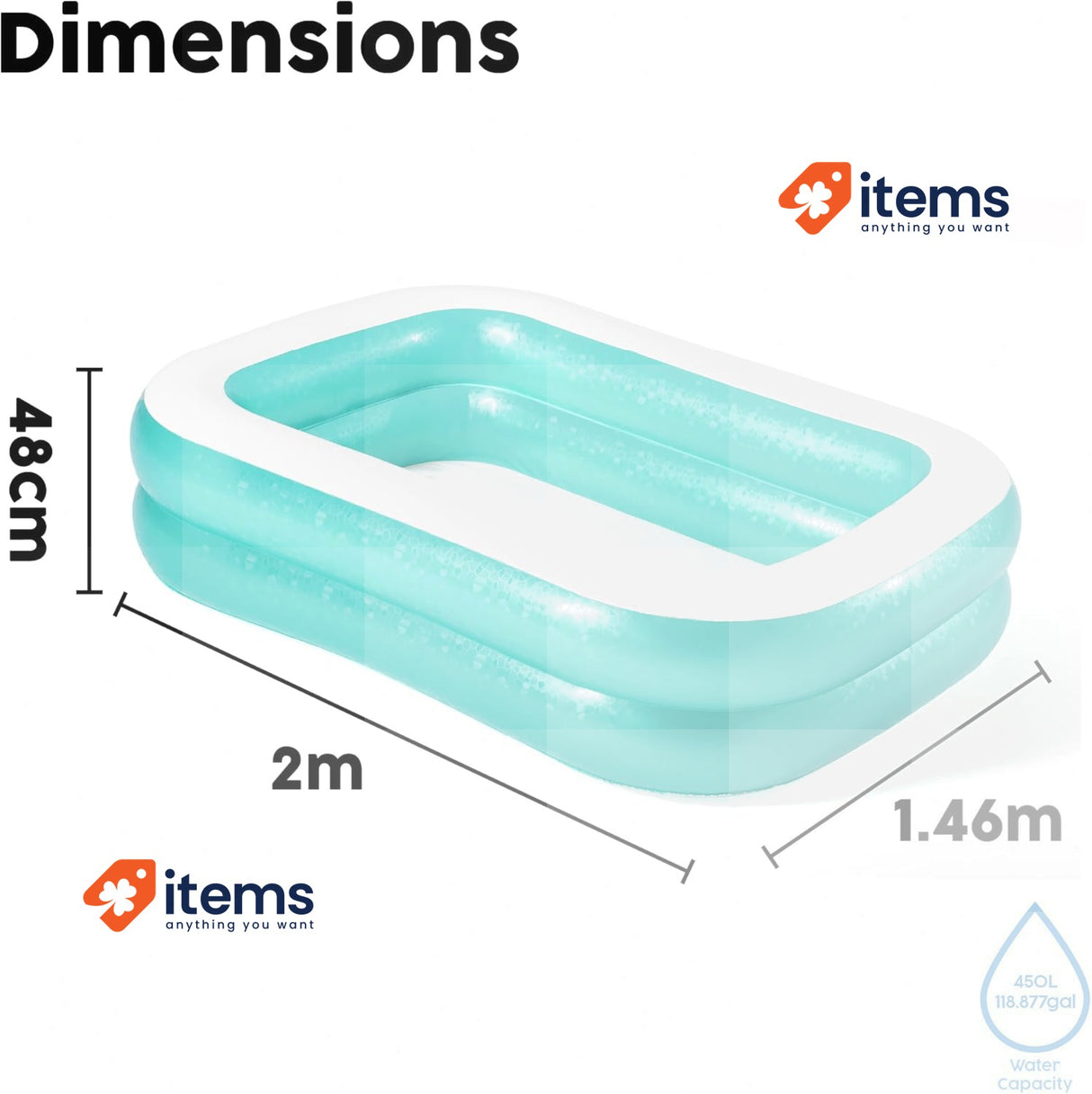 Bestway Inflatable Family Pool, Blue Rectangular with Water Capacity 450L 450 L