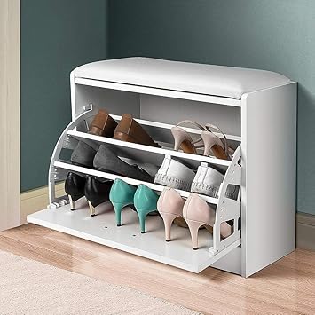 BAKAJI Wooden Shoe Rack with Triple Depth and Seat in Eco Leather White