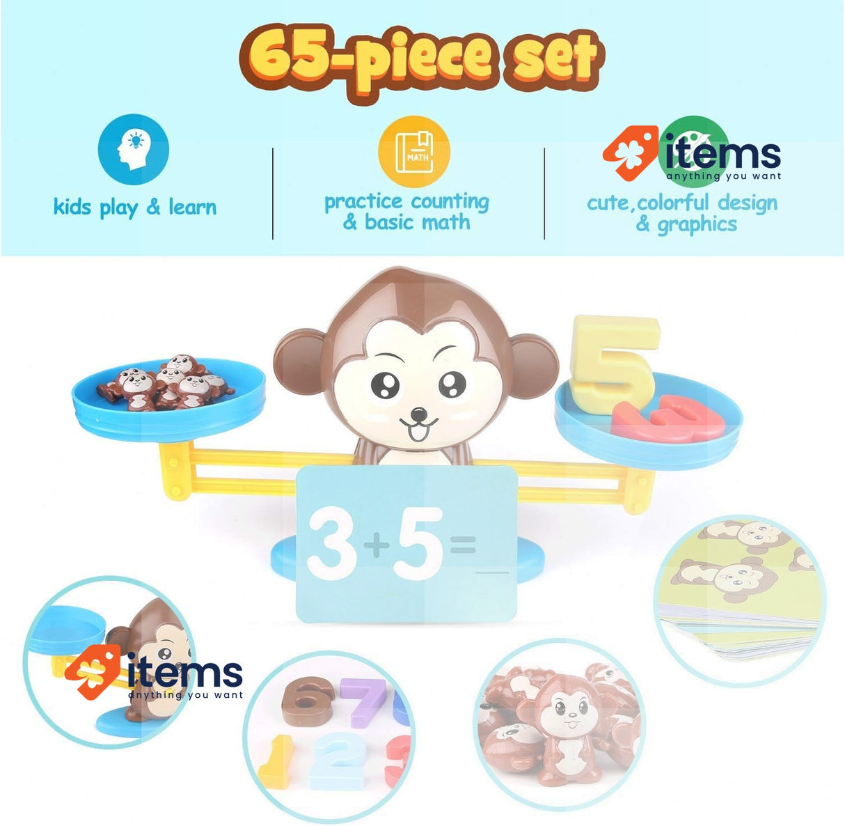 BBLIKE Math Toy 65 Pieces Monkey Balance Cards Digital Block Educational Game