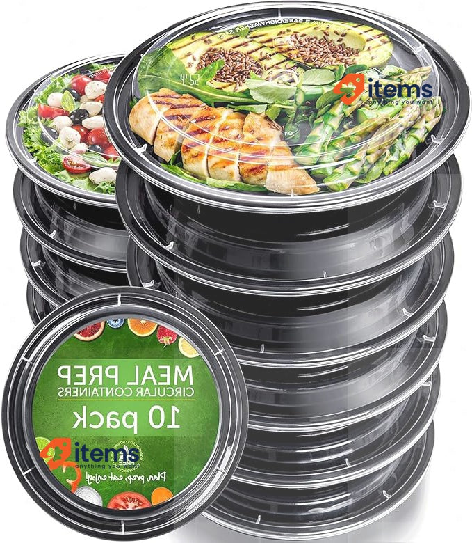 PrepNaturals Reusable Plastic Containers with Lids, 10 Pack, Black