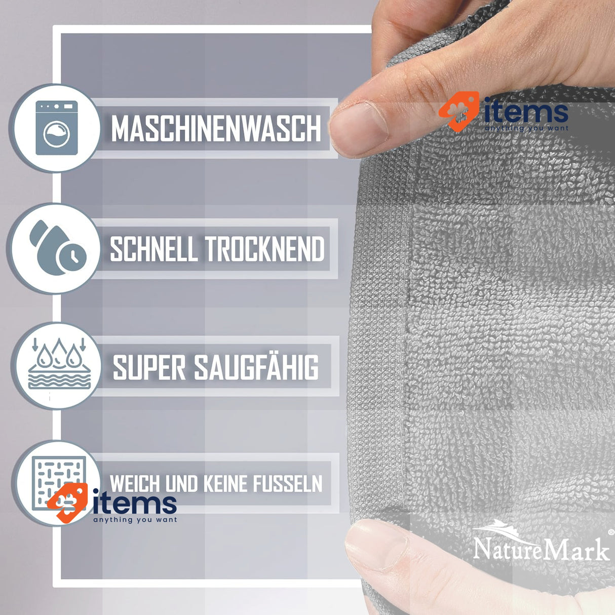 NatureMark Pack of 2 Terry Towelling Bath Mats, 50x80cm, 100% Cotton, Gray 80 cm