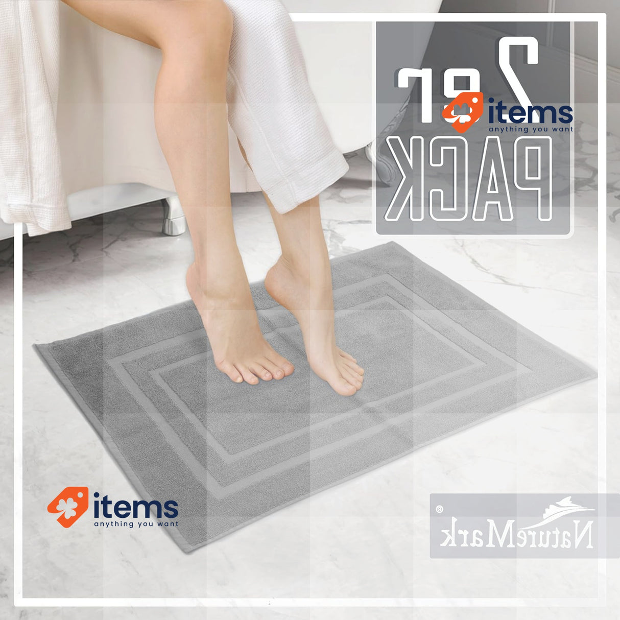 NatureMark Pack of 2 Terry Towelling Bath Mats, 50x80cm, 100% Cotton, Gray 80 cm