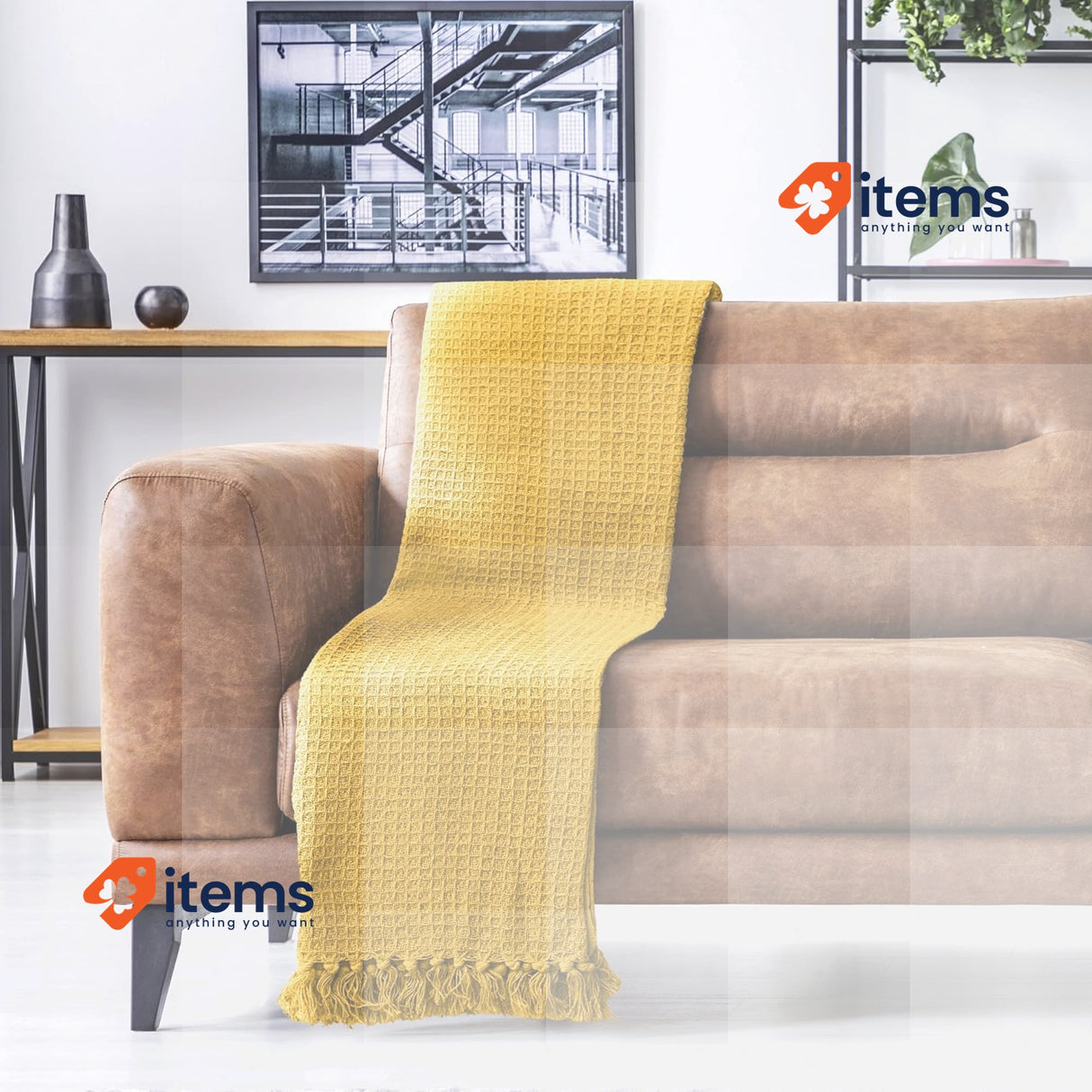 Emma Barclay Recycled Cotton Waffle Throw Over Blanket Ochre Yellow 178x254cm