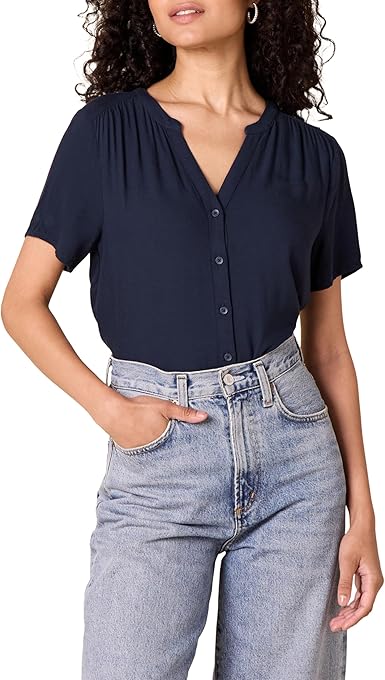 Amazon Essentials Women's Short-Sleeve Woven Blouse Marine Blue
 Size L