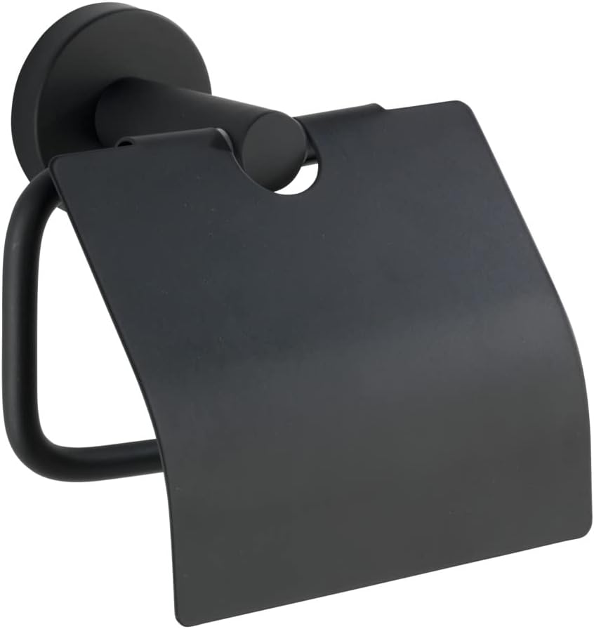 WENKO Toilet Roll Holder Stainless Steel Bosio Black Matt with Lid