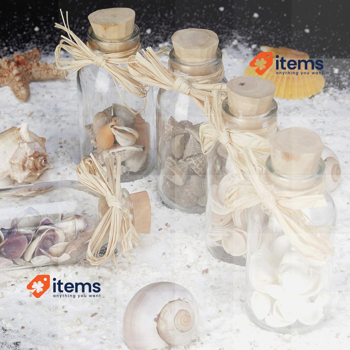 Relaxdays Seashell Bottle Beige Decoration Set Maritime Bathroom Decor Mini Jars