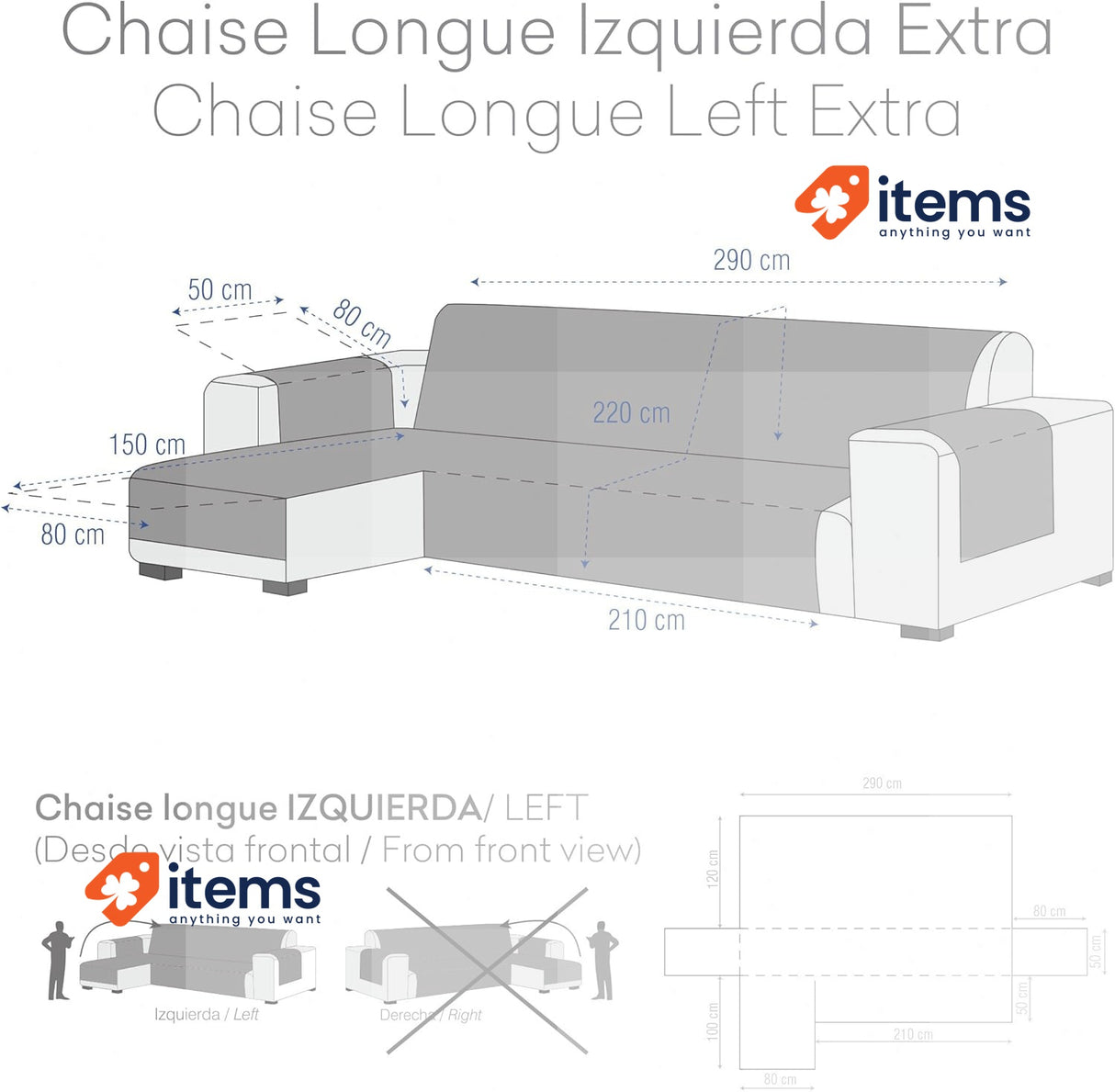 Eysa Practical Longue Cover Extra Color 56/Light Grey 290 CM.LEFT Eysa Rabat