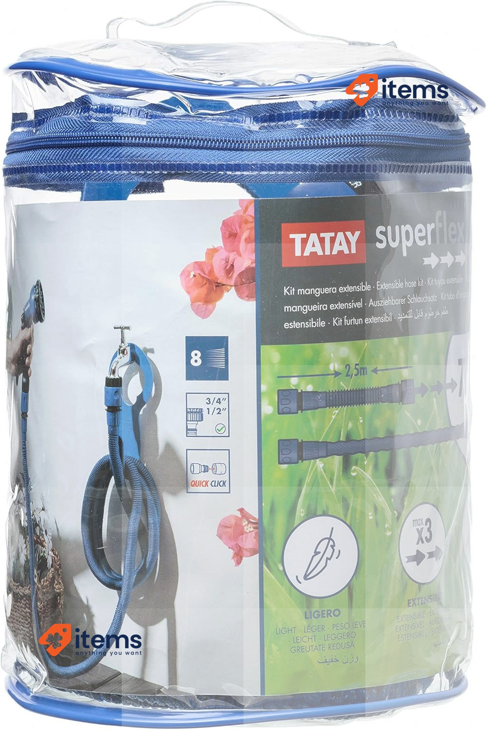 Tatay Superflex Extendable Hose Kit 7.5 m Lightweight 8-Position Nozzle 3/4-1/2