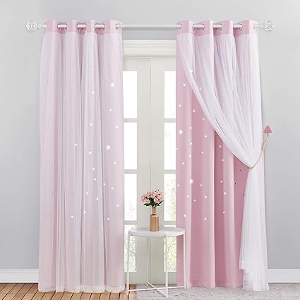 NICETOWN Pink Eyelet Curtains & Net - Kids Blackout Curtain with Hollow