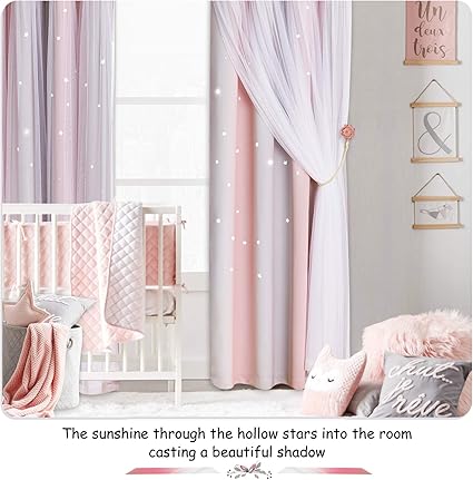 NICETOWN Pink Eyelet Curtains & Net - Kids Blackout Curtain with Hollow