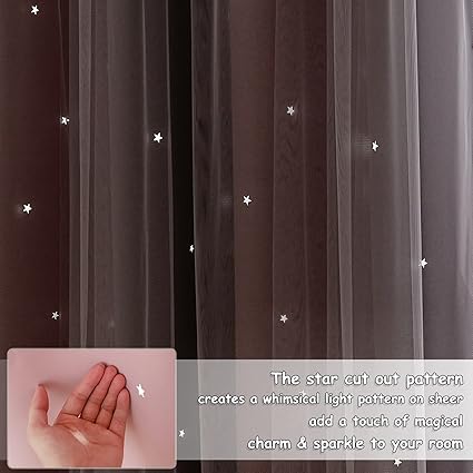 NICETOWN Pink Eyelet Curtains & Net - Kids Blackout Curtain with Hollow