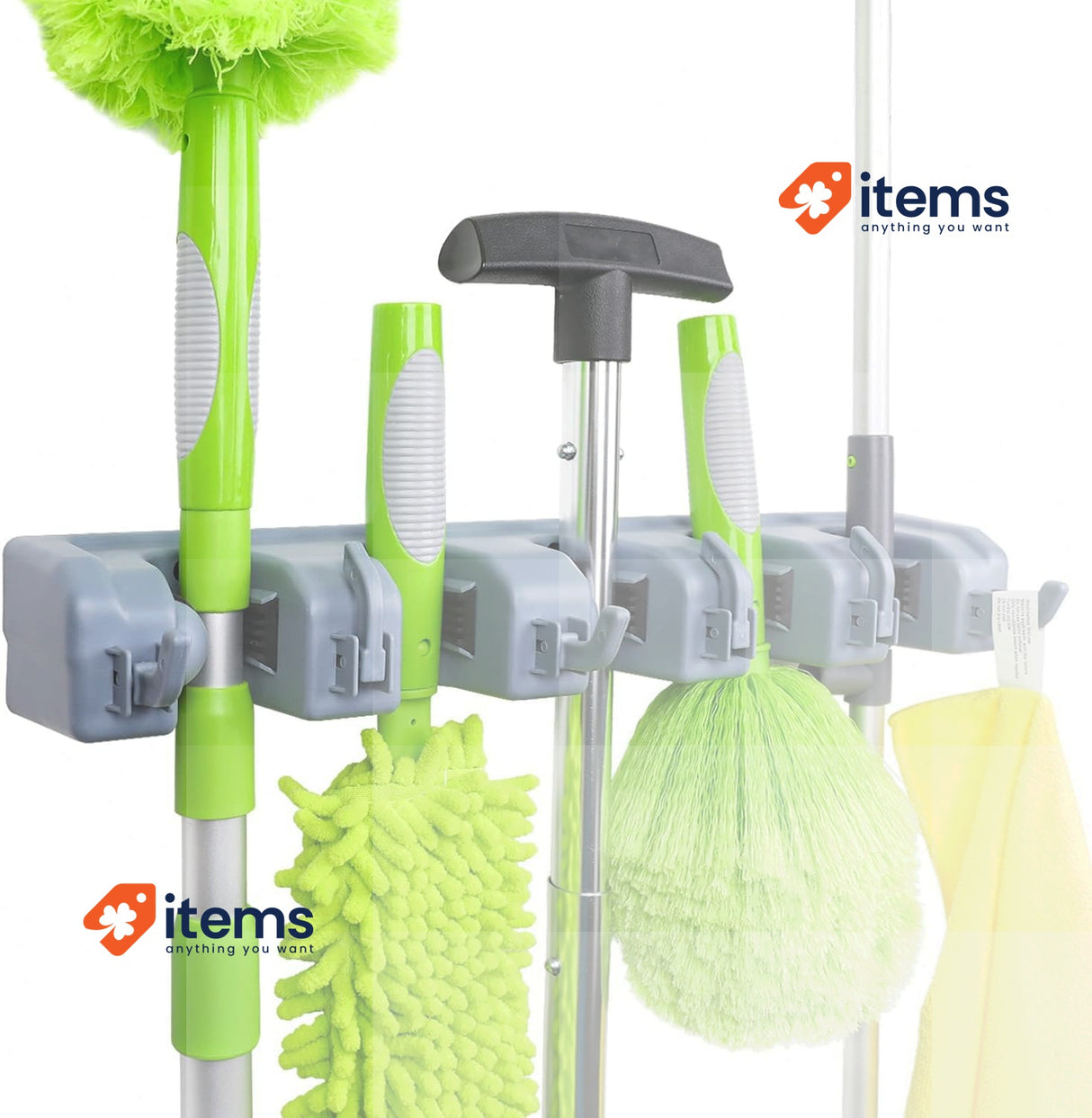 Amazon Basics Rectangular Wall Mount Broom Holder,6 Hooks, 43x8.5x6.2cm, Gray