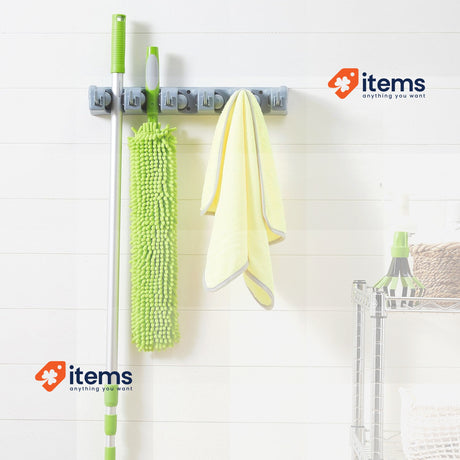 Amazon Basics Rectangular Wall Mount Broom Holder,6 Hooks, 43x8.5x6.2cm, Gray