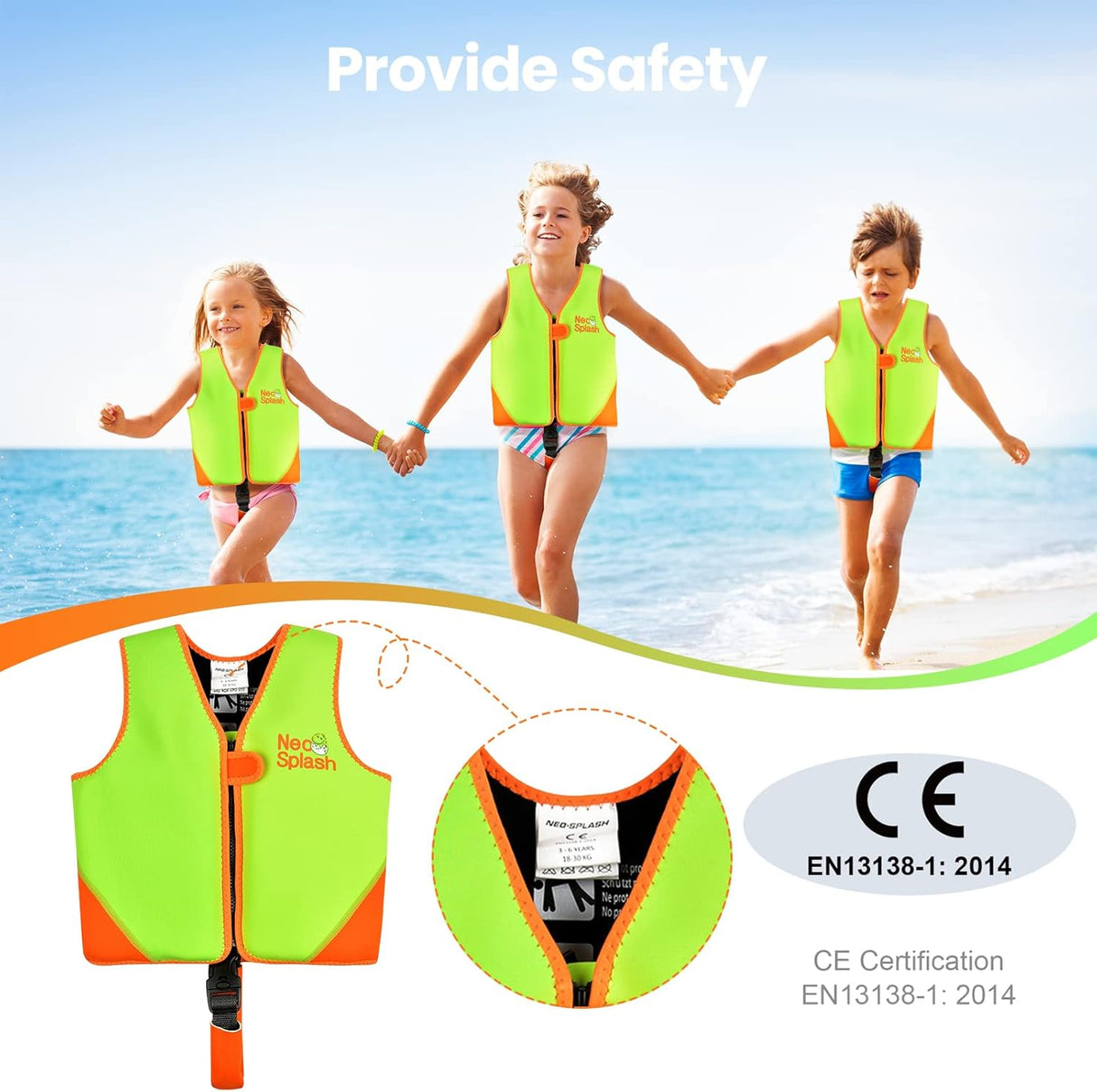 NEO-SPLASH Kids Swim Vest with Adjustable Safety Straps for Ages 1-3 and 3-6