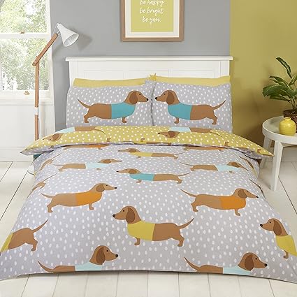 Rapport Dolly Dachshund Reversible Duvet Cover Bed Set, Ochre, Double