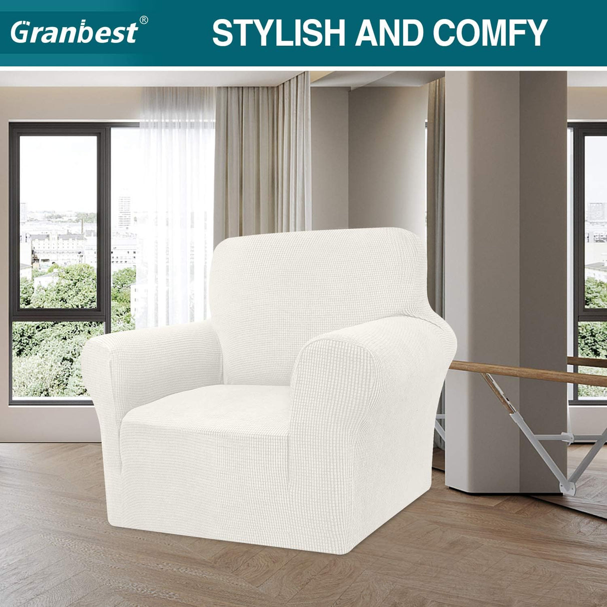 Granbest High Stretch Sofa Cover Modern Sofa Throw 1 Seater, Cream