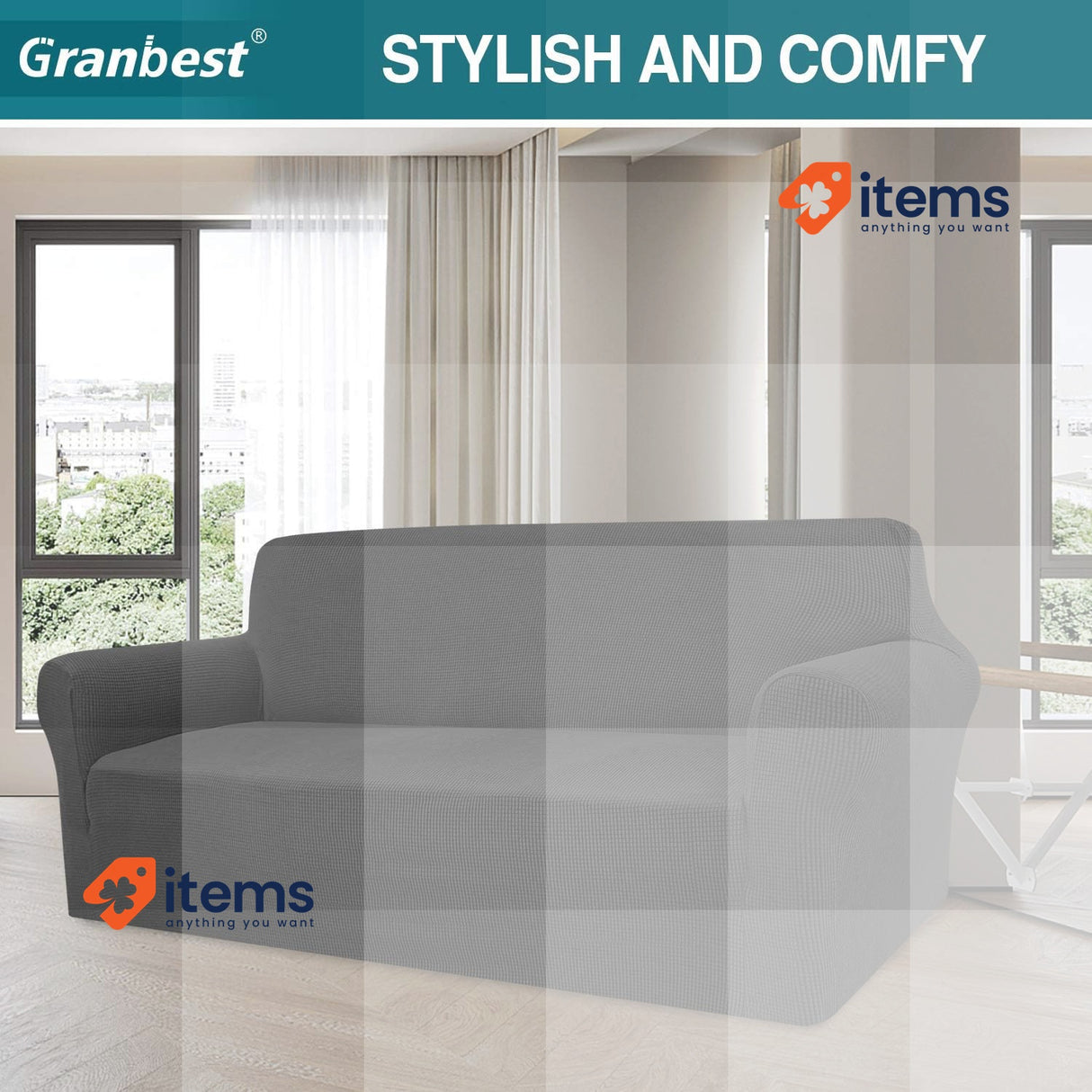 Granbest Modern Jacquard Elastic Sofa Cover for Living Room, 3 Seater, Black