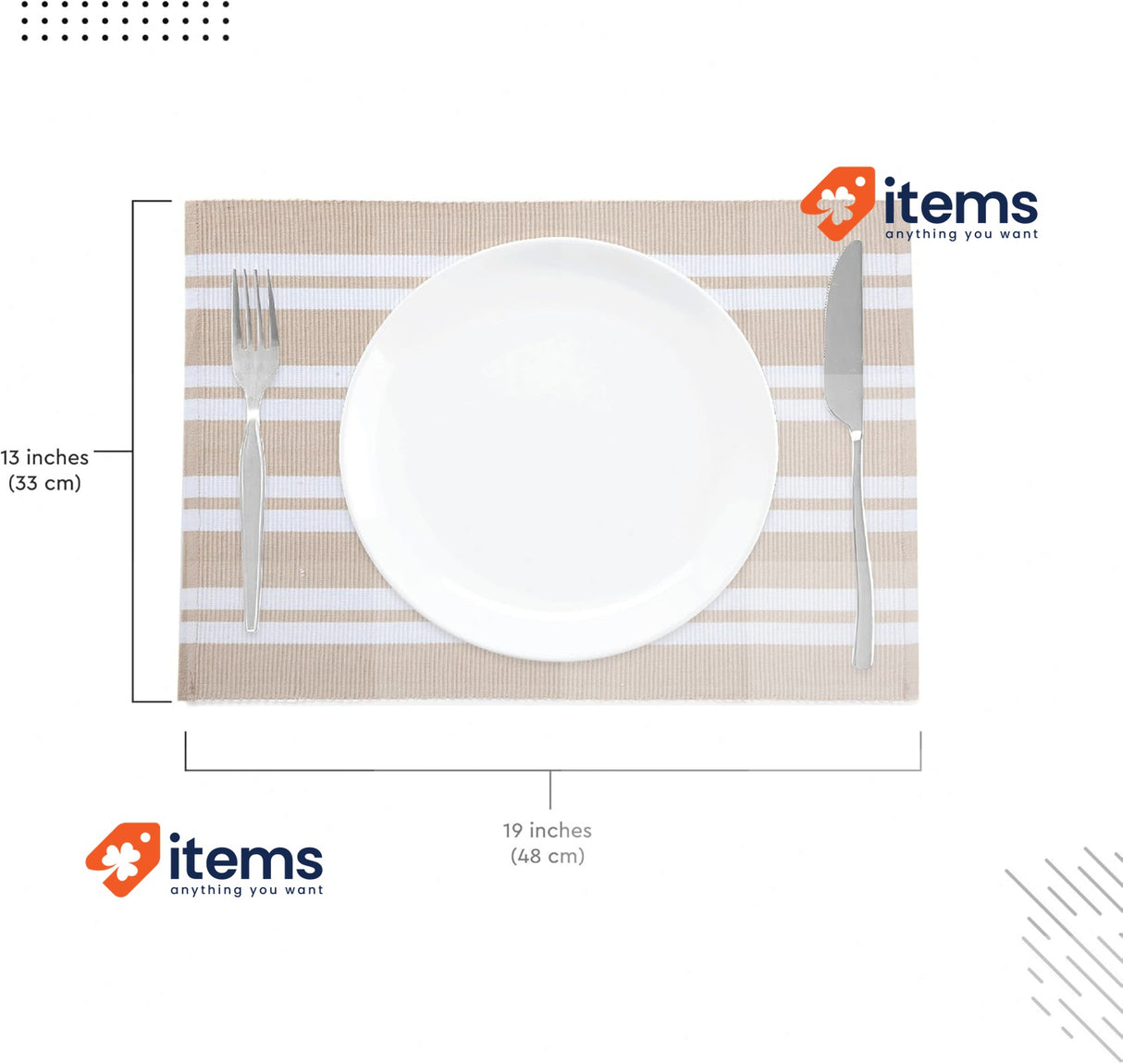 Encasa XO Dining Placemat Set 6 Beige Stripes Color Ribbed Cotton 48x32cm Solid