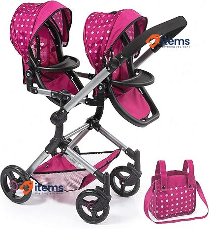 Bayer Dolls Twin Pram Height-Adjustable Handle, Foldable, with Bag