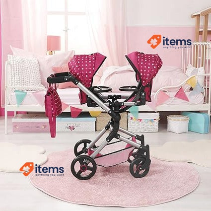 Bayer Dolls Twin Pram Height-Adjustable Handle, Foldable, with Bag