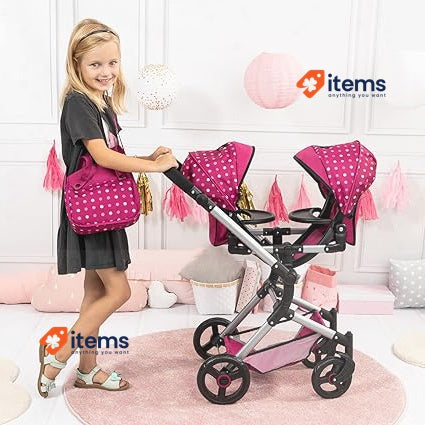 Bayer Dolls Twin Pram Height-Adjustable Handle, Foldable, with Bag