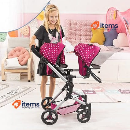 Bayer Dolls Twin Pram Height-Adjustable Handle, Foldable, with Bag