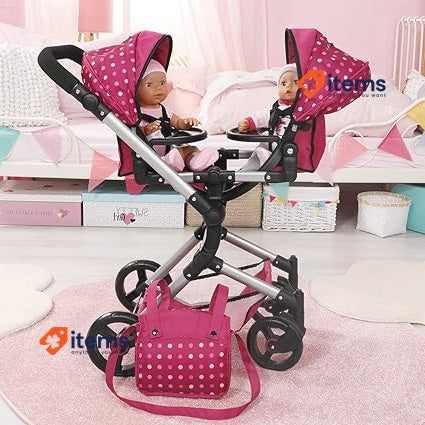 Bayer Dolls Twin Pram Height-Adjustable Handle, Foldable, with Bag
