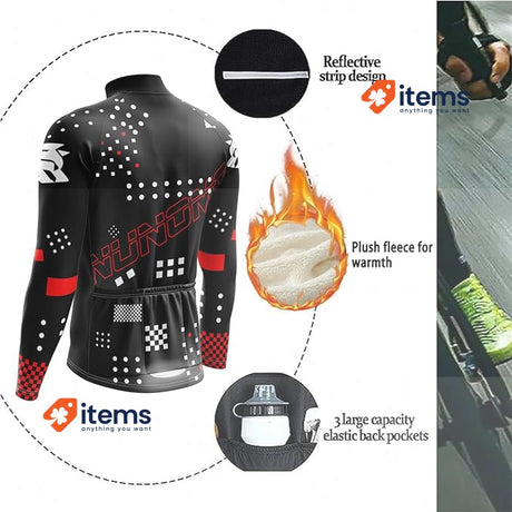 NUNOMO Men's Cycling Clothing Fleece Cycling Jersey Set 9D Black Large