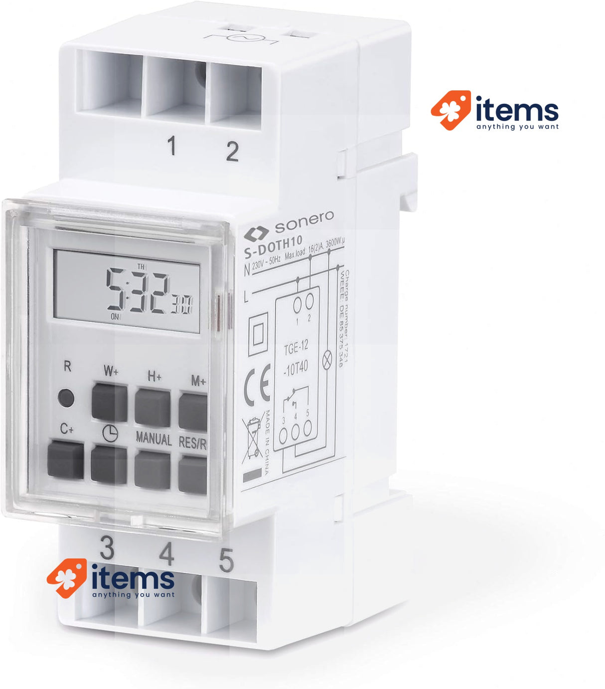 Sonero Digital Timer for DIN Rails, Plastic Metal, White, 3600 W For Indoor Use