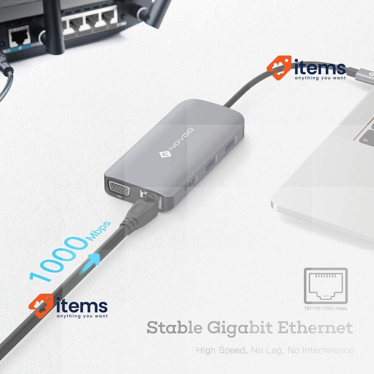 NOVOO 9 in1 USB Hub Multiport Adapter HDMI Ethernet C 4K VGA Ports SD/TF PD 100W