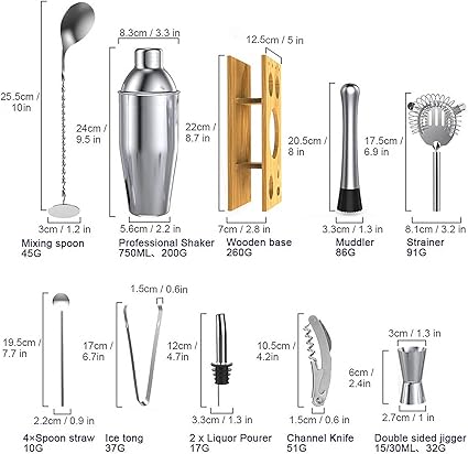 MOOING Cocktail Making Set, 15 pcs Cocktail Shaker Set Silver