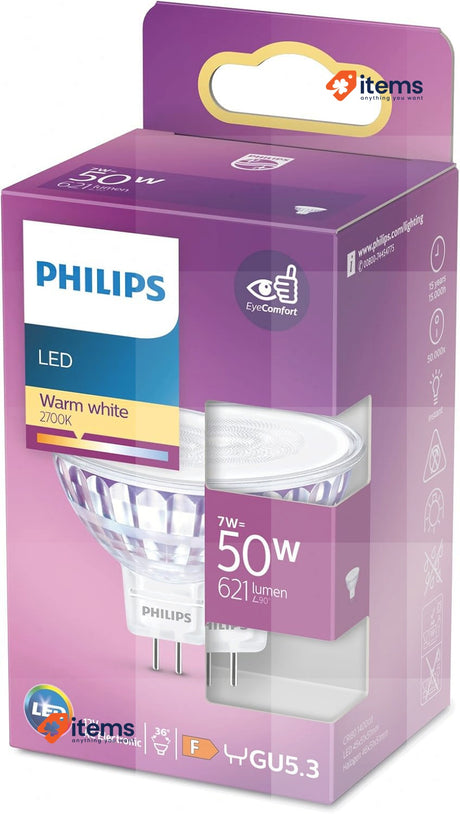 Philips LED Light Spot [GU5.3 MR16] 7W - 50W, Warm White 2700K, 36D Silver