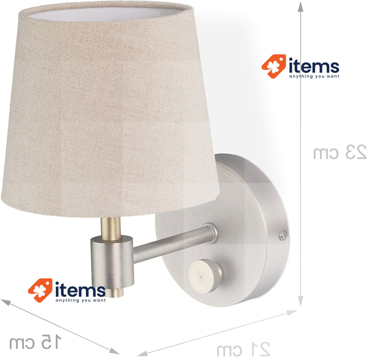 Relaxdays Wall Lamp Dimmable Light Fabric Shade E14 23x15x21cm Beige/Silver Iron