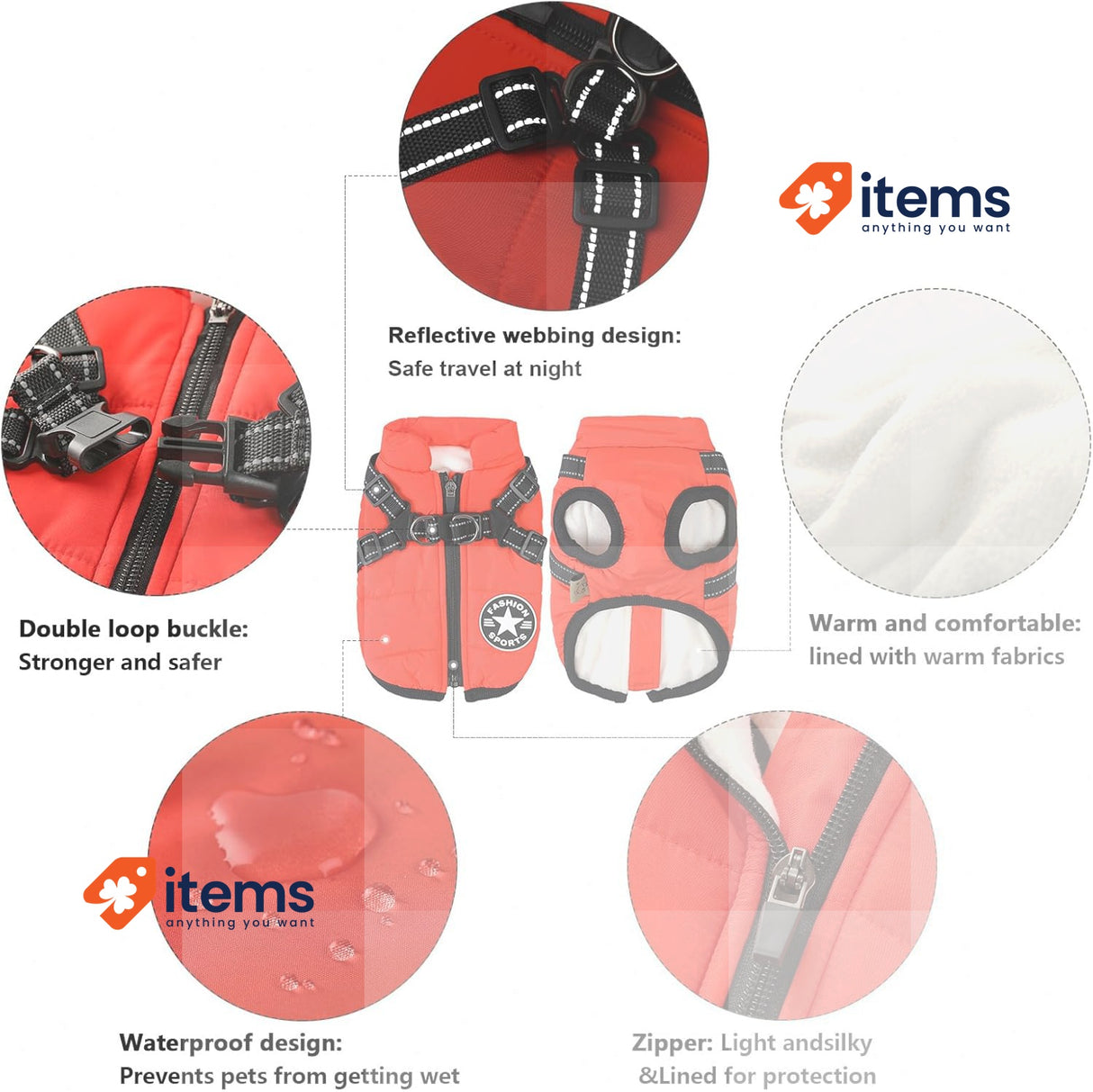 Aiboria Dog Coat Winter Windproof Dog Jacket with Fleece Lining Red L Jackets