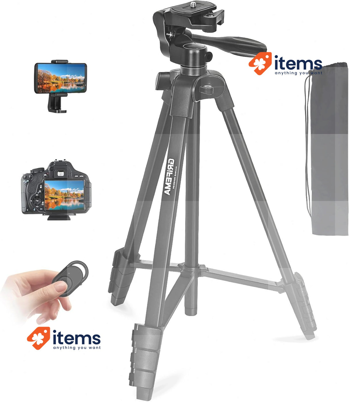 GRIFEMA Phone Tripod 55” Camera Tripod Stand with Wireless Remote Shutter Black