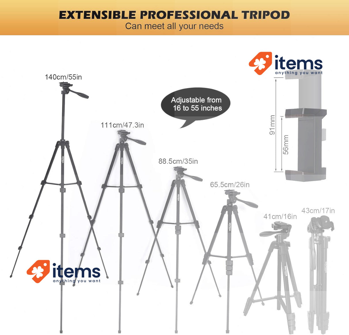 GRIFEMA Phone Tripod 55” Camera Tripod Stand with Wireless Remote Shutter Black