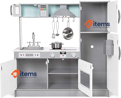 Amazon Basics Kids Upright Kitchen Toy Playset with Accessories White & Gray