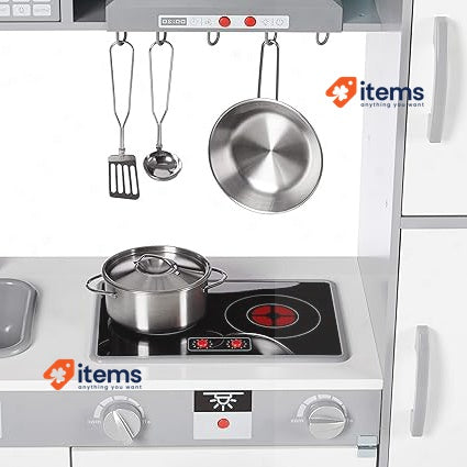 Amazon Basics Kids Upright Kitchen Toy Playset with Accessories White & Gray